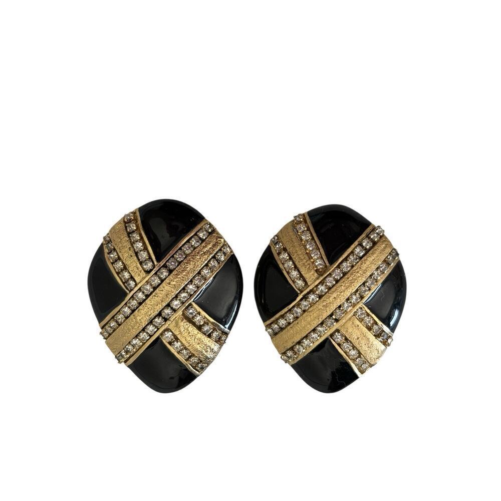 St. John Gold Plated Black Enamel Crystal X Cross Oval Shaped Clip On Earrings